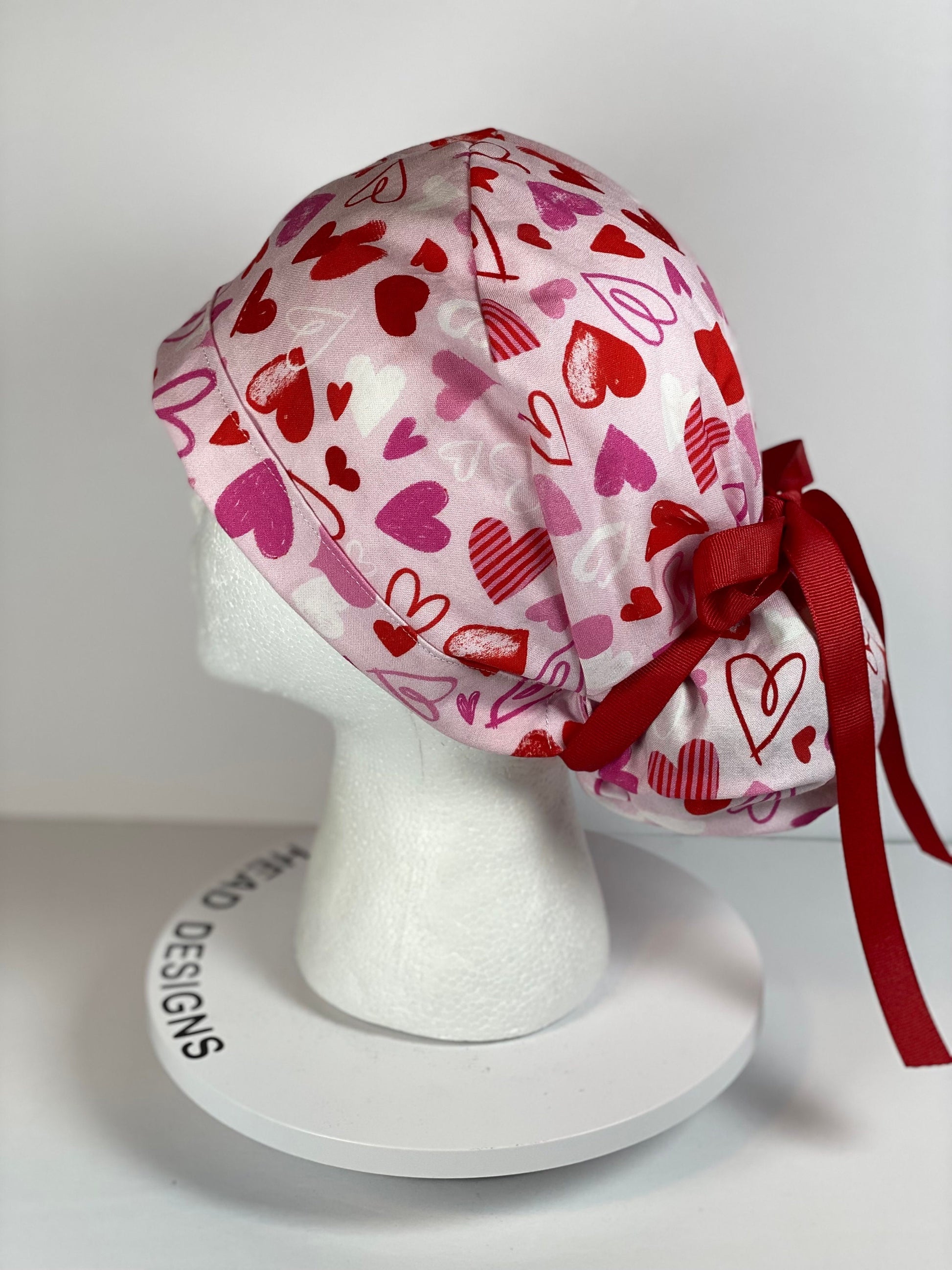 Valentine’s Day women’s scrub cap, pink heart print women’s scrub hat, Bonnet Head Designs