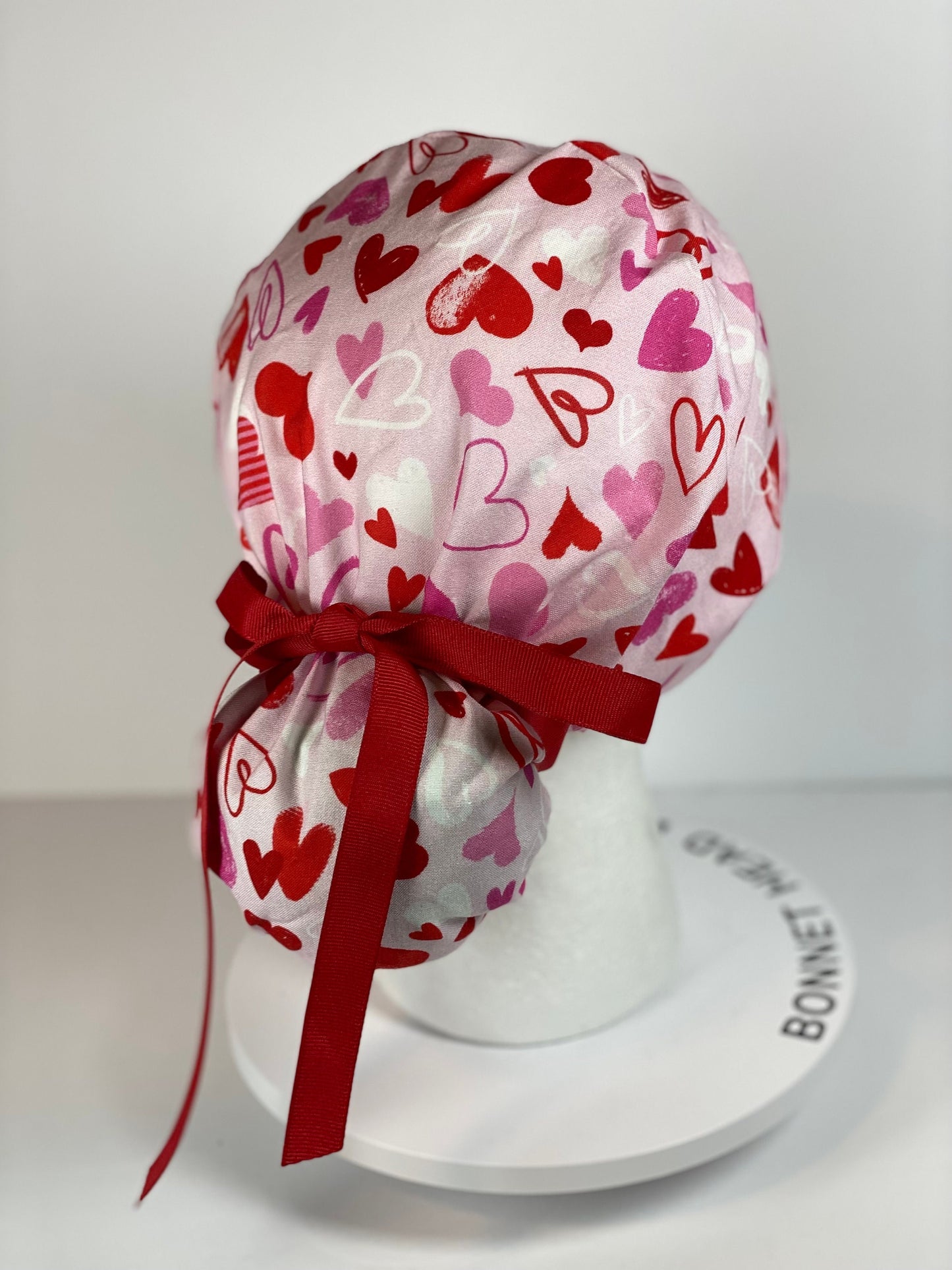 Valentine’s Day women’s scrub cap, pink heart print women’s scrub hat, Bonnet Head Designs