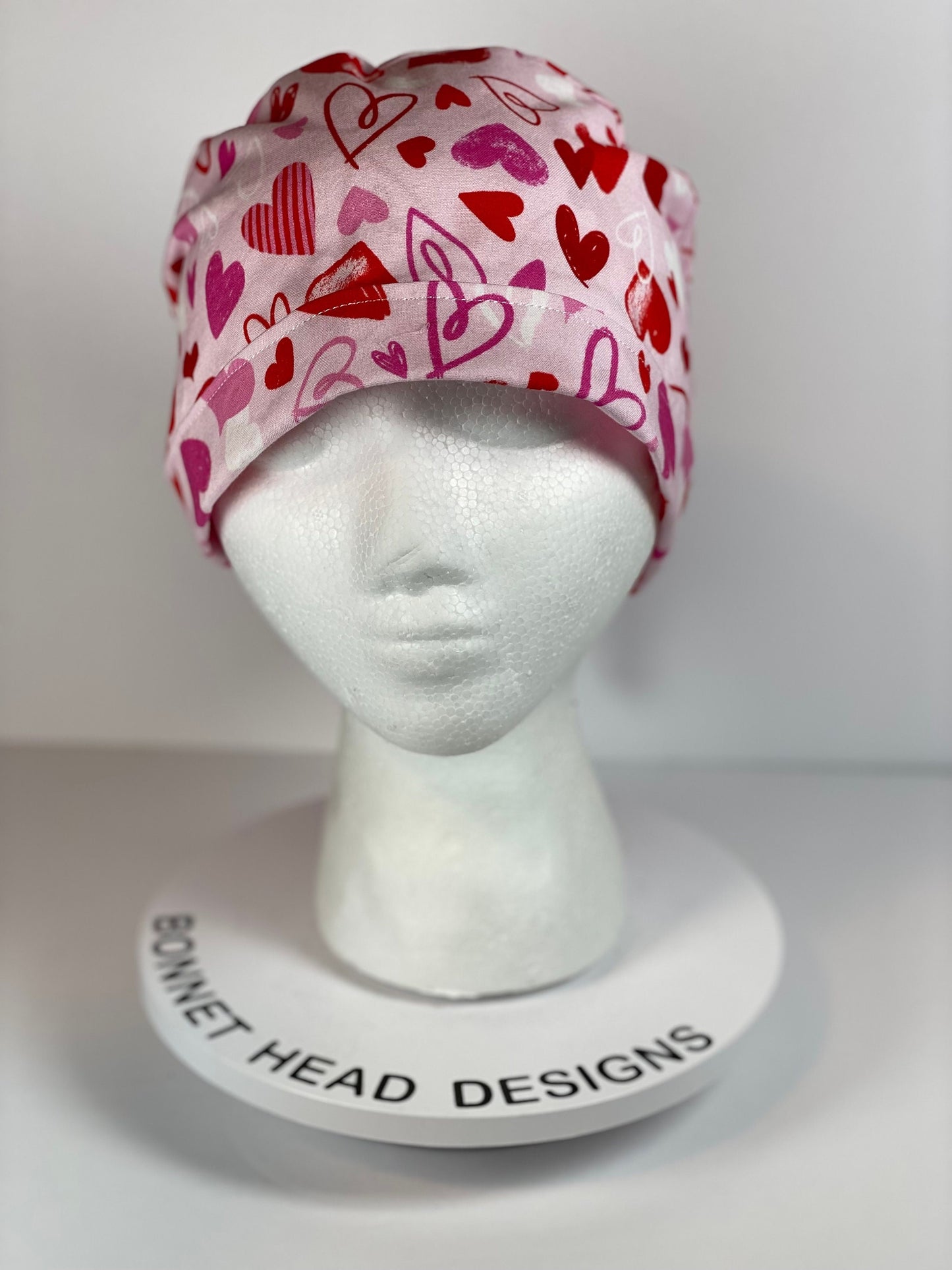 Valentine’s Day women’s scrub cap, pink heart print women’s scrub hat, Bonnet Head Designs