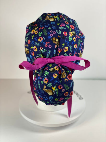 Rabbit and hedgehogs scrub cap, pink and navy women’s hedgehog print scrub cap, Bonnet Head Designs