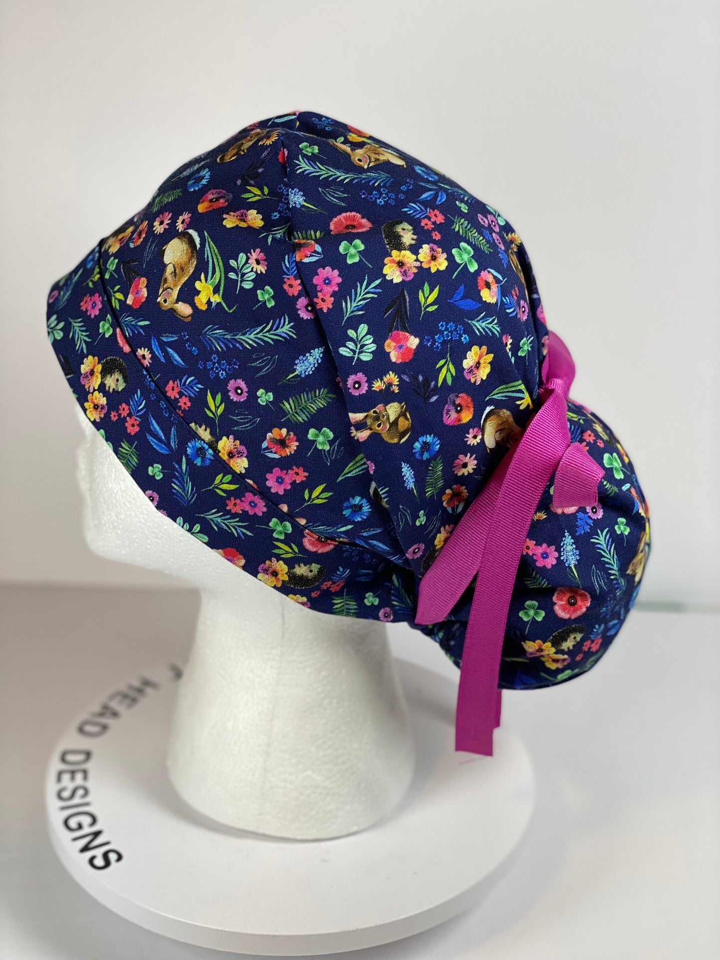 Rabbit and hedgehogs scrub cap, pink and navy women’s hedgehog print scrub cap, Bonnet Head Designs