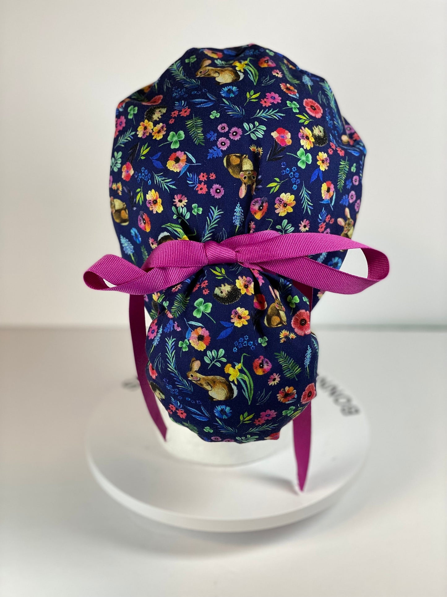 Rabbit and hedgehogs scrub cap, pink and navy women’s hedgehog print scrub cap, Bonnet Head Designs