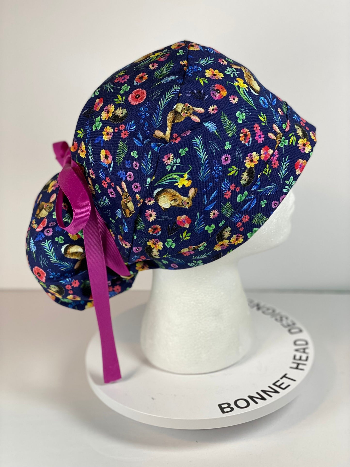 Rabbit and hedgehogs scrub cap, pink and navy women’s hedgehog print scrub cap, Bonnet Head Designs