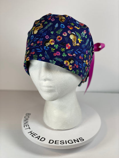 Rabbit and hedgehogs scrub cap, pink and navy women’s hedgehog print scrub cap, Bonnet Head Designs