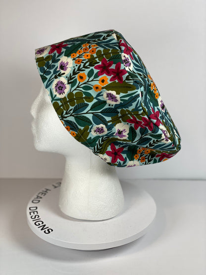 Mint floral euro style scrub cap, spring floral scrub cap, womens euro surgical hat floral, Bonnet Head Designs