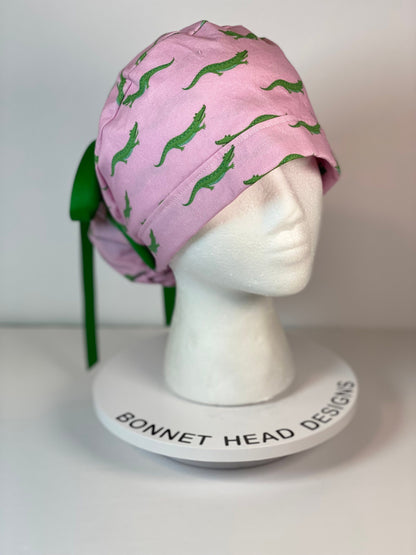 Pink and green alligators women's ponytail scrub cap, Bonnet Head Designs