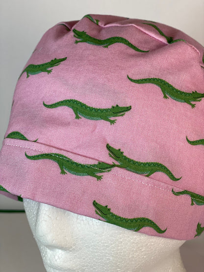 Pink and green alligators women's ponytail scrub cap, Bonnet Head Designs