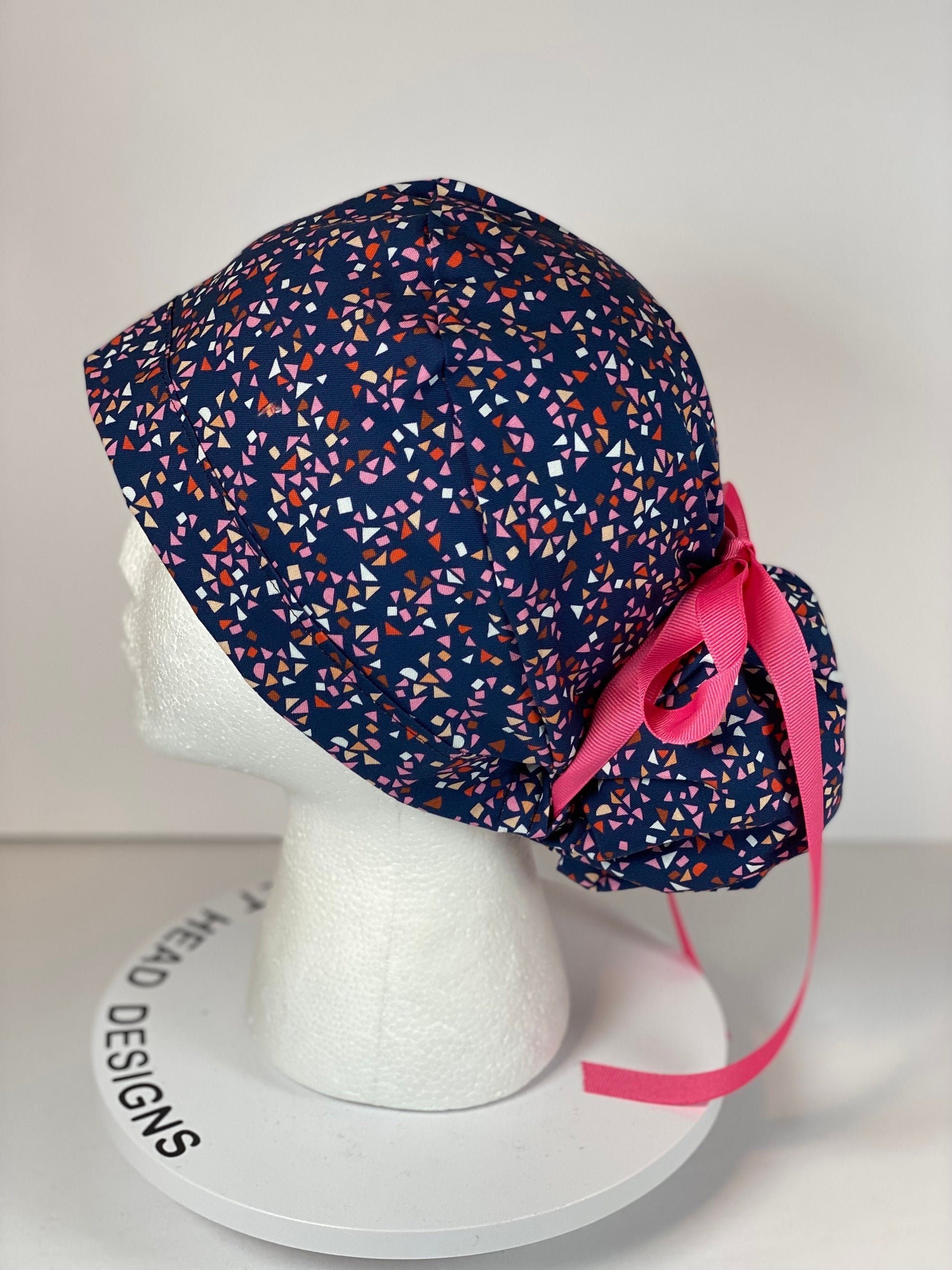 Navy and pink geometric scrub cap, abstract women’s scrub hat, Bonnet Head Designs