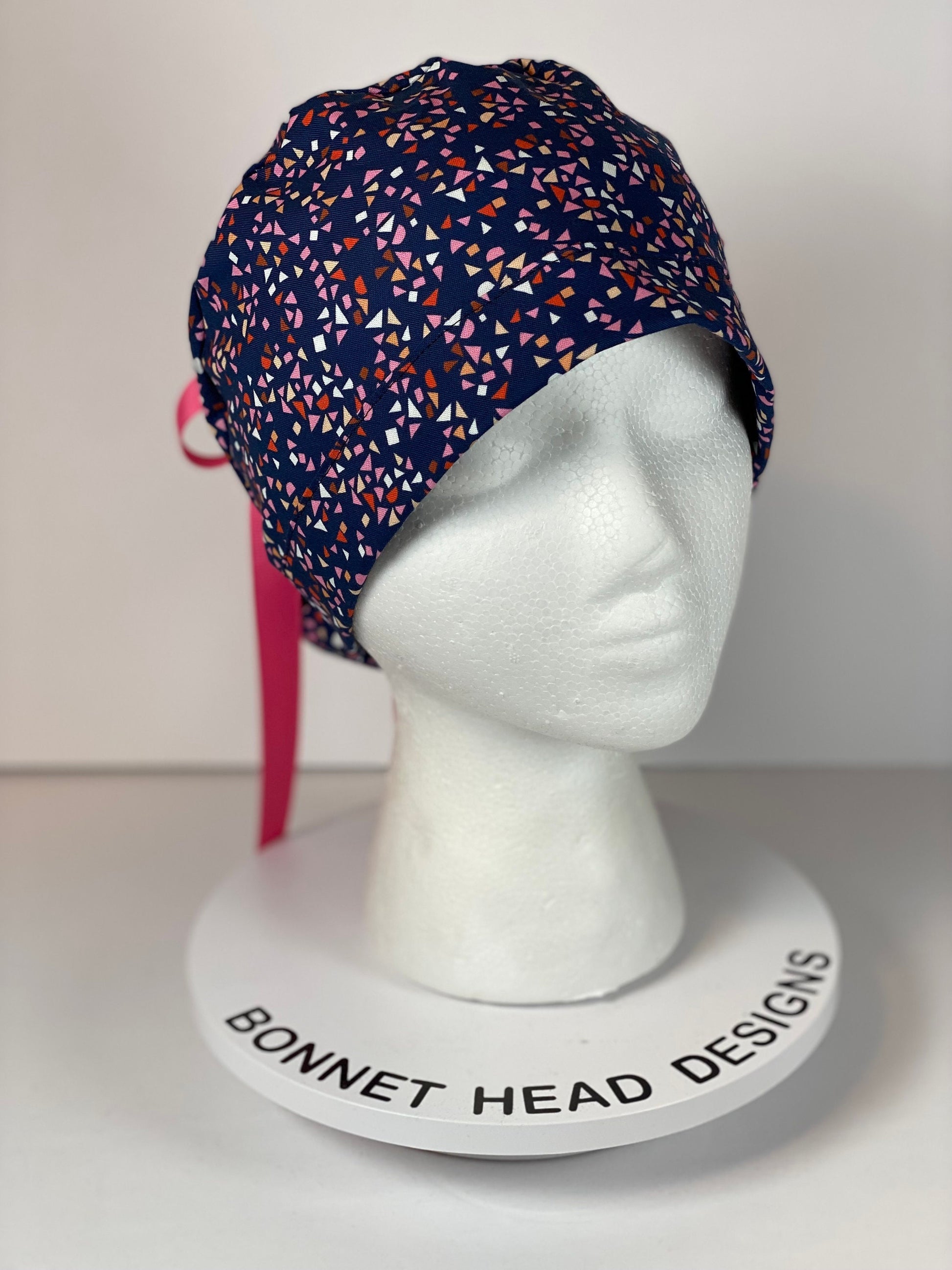 Navy and pink geometric scrub cap, abstract women’s scrub hat, Bonnet Head Designs