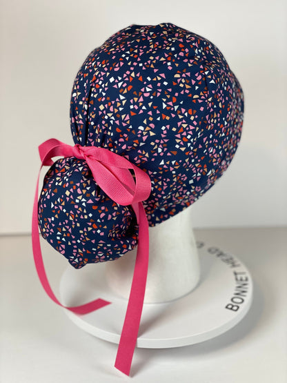 Navy and pink geometric scrub cap, abstract women’s scrub hat, Bonnet Head Designs