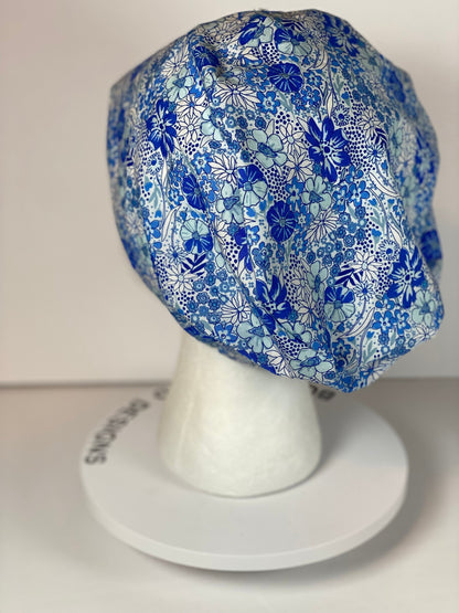 Women’s blue floral euro scrub cap, blue floral toggle scrub hat, Bonnet Head Designs