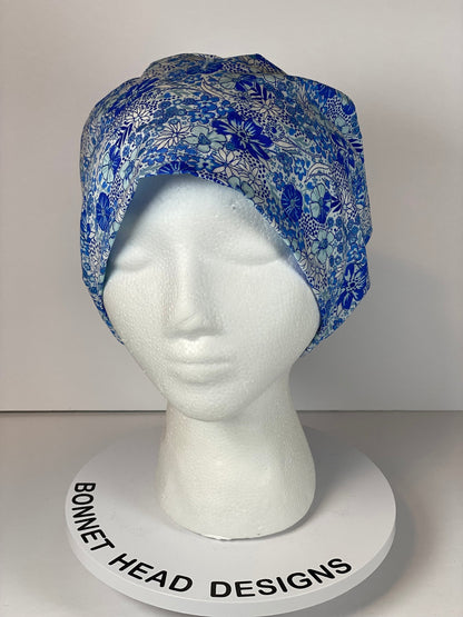 Women’s blue floral euro scrub cap, blue floral toggle scrub hat, Bonnet Head Designs