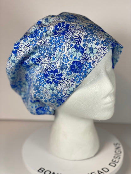 Women’s blue floral euro scrub cap, blue floral toggle scrub hat, Bonnet Head Designs