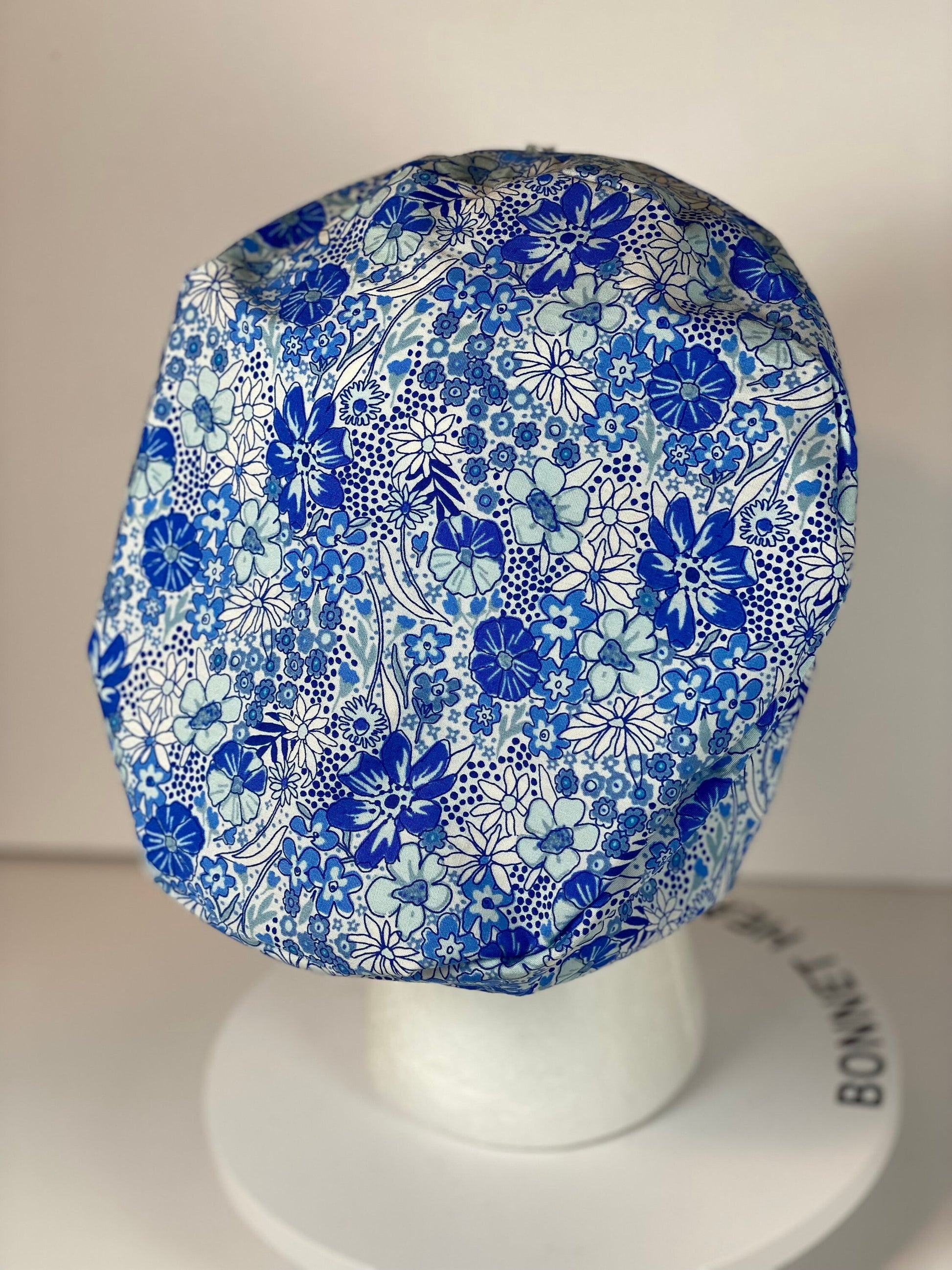 Women’s blue floral euro scrub cap, blue floral toggle scrub hat, Bonnet Head Designs