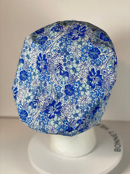 Women’s blue floral euro scrub cap, blue floral toggle scrub hat, Bonnet Head Designs