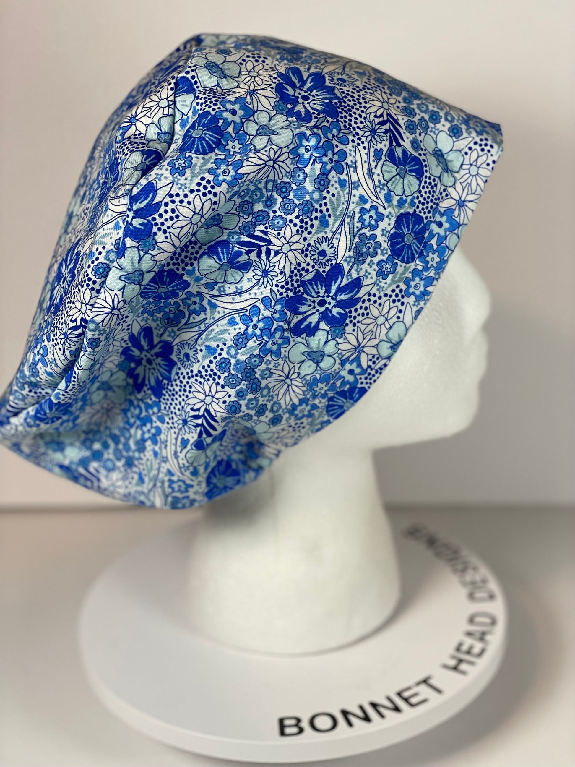 Women’s blue floral euro scrub cap, blue floral toggle scrub hat, Bonnet Head Designs