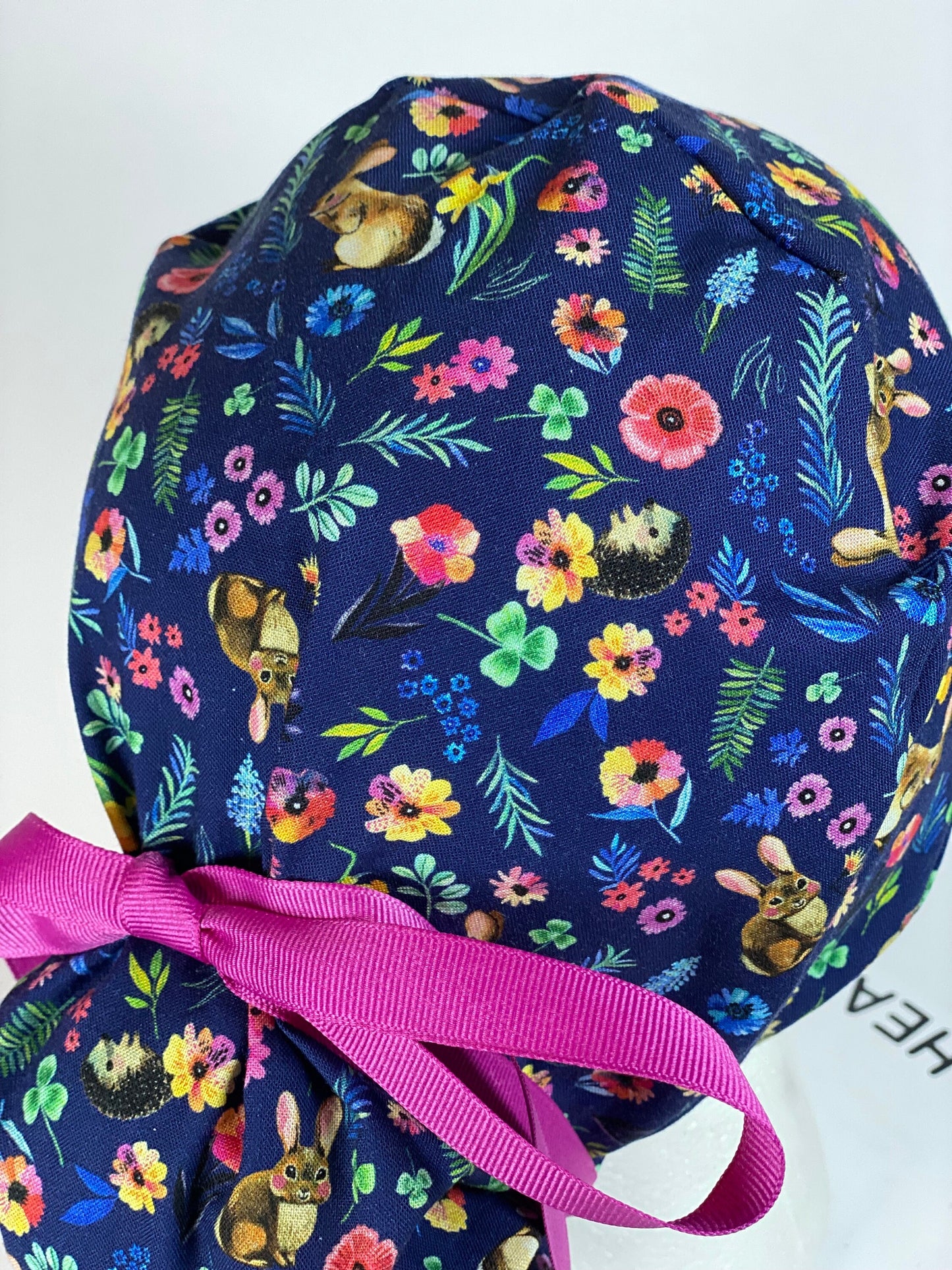 Rabbit and hedgehogs scrub cap, pink and navy women’s hedgehog print scrub cap, Bonnet Head Designs