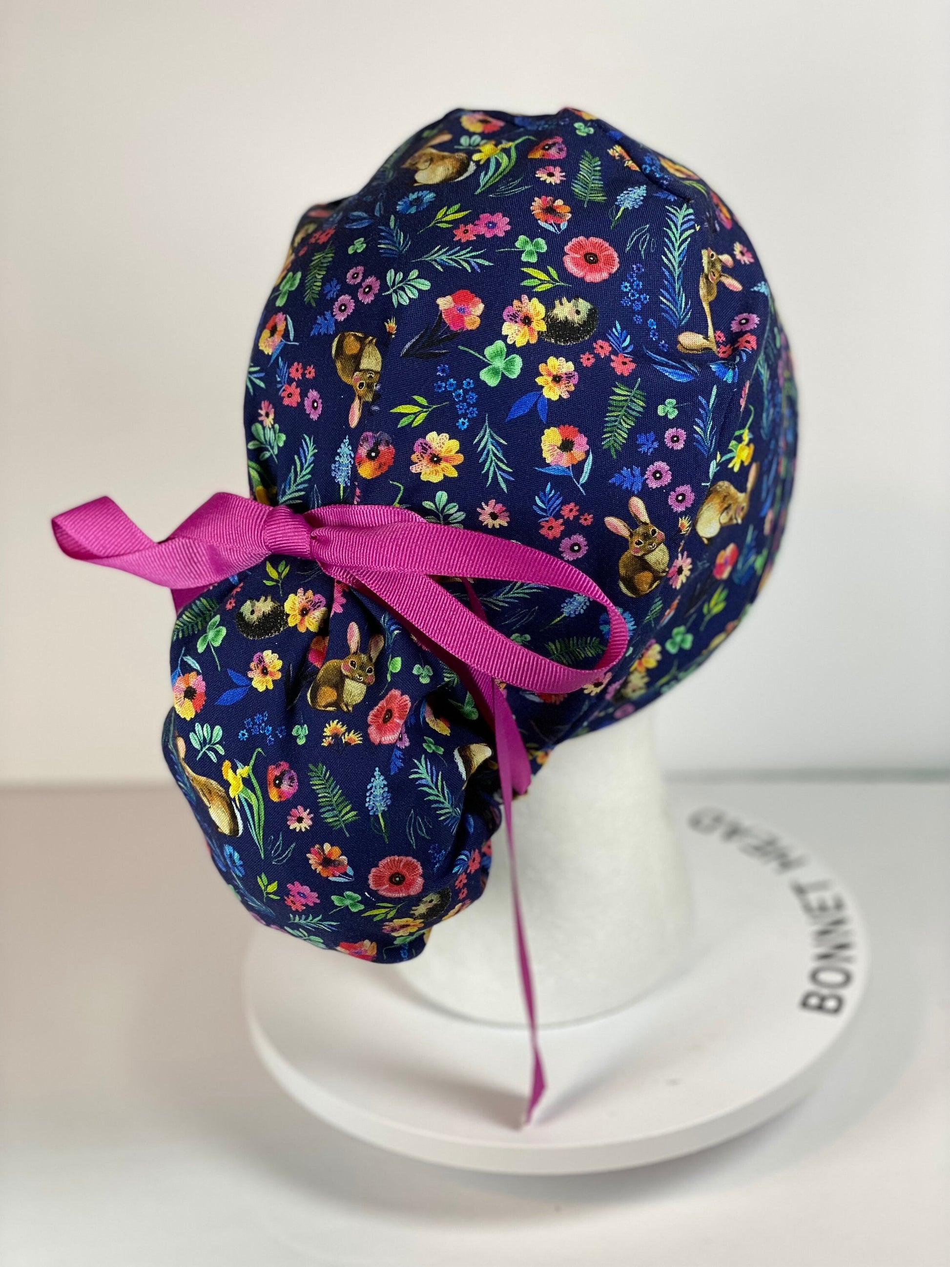 Rabbit and hedgehogs scrub cap, pink and navy women’s hedgehog print scrub cap, Bonnet Head Designs