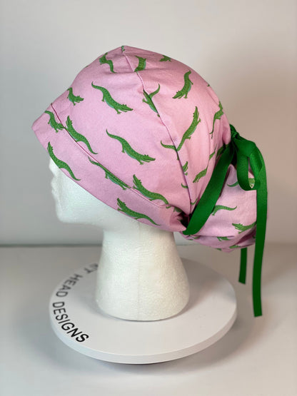 Pink and green alligators women's ponytail scrub cap, Bonnet Head Designs