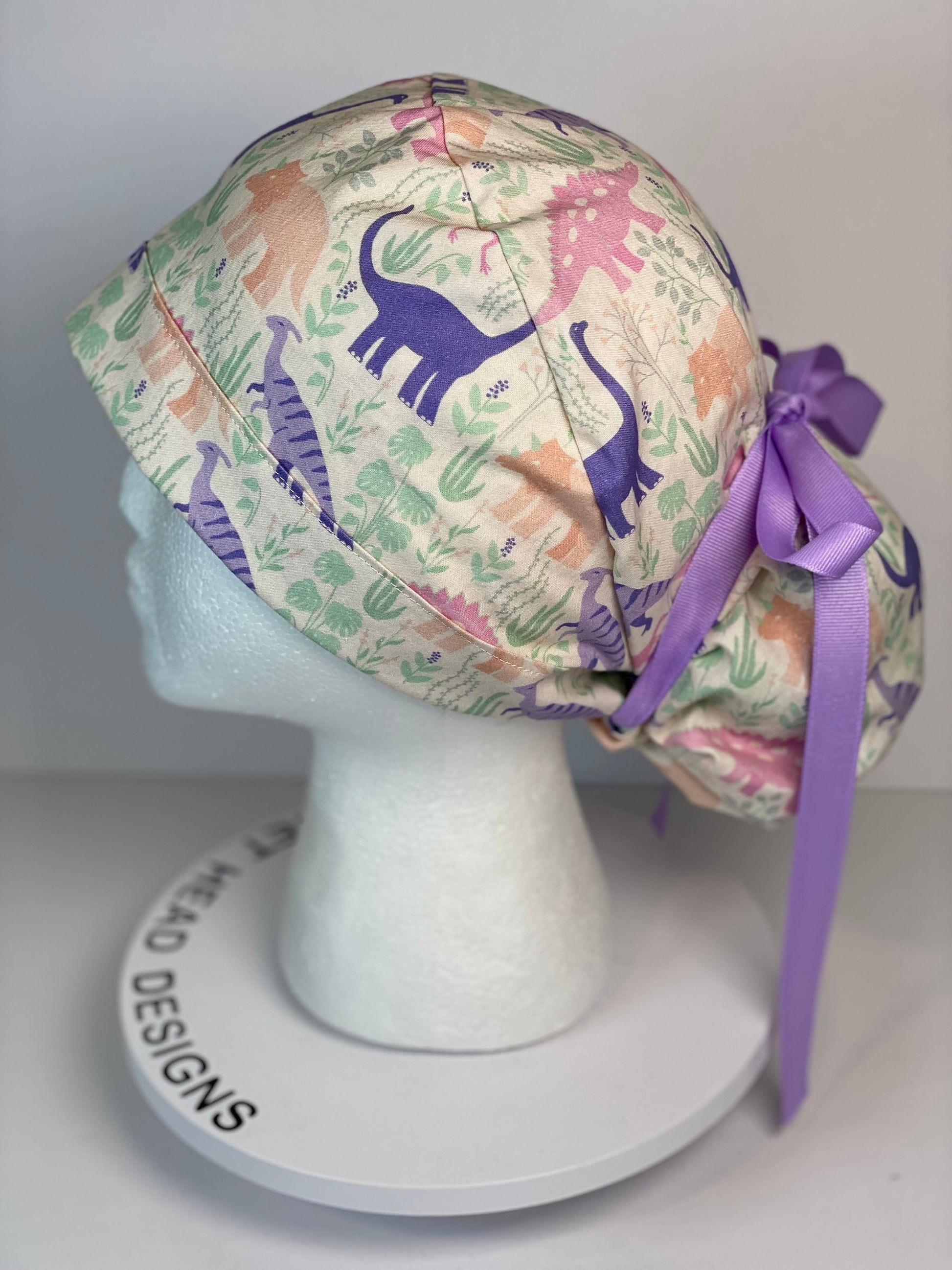 Pink and purple Dinosaur print scrub cap, ponytail scrub hat girly dinosaurs, Bonnet Head Designs