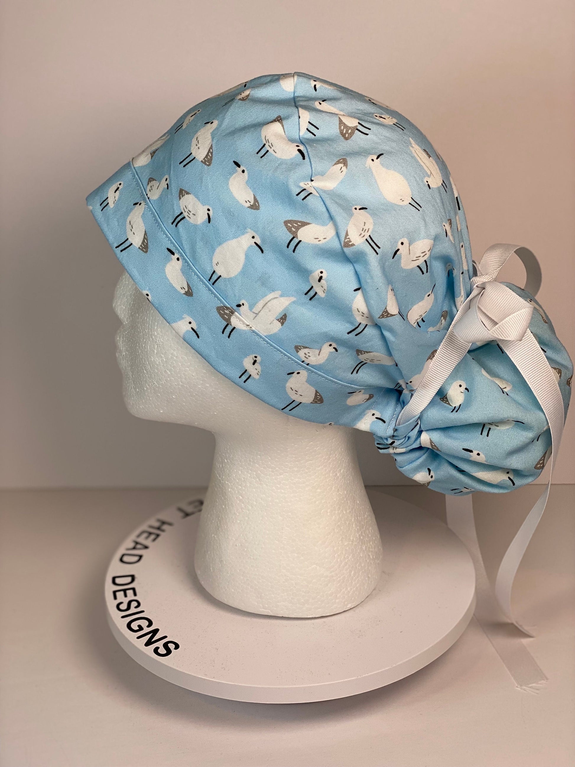 Sea bird print womens scrub cap, summer ponytail scrub cap, Bonnet Head Designs