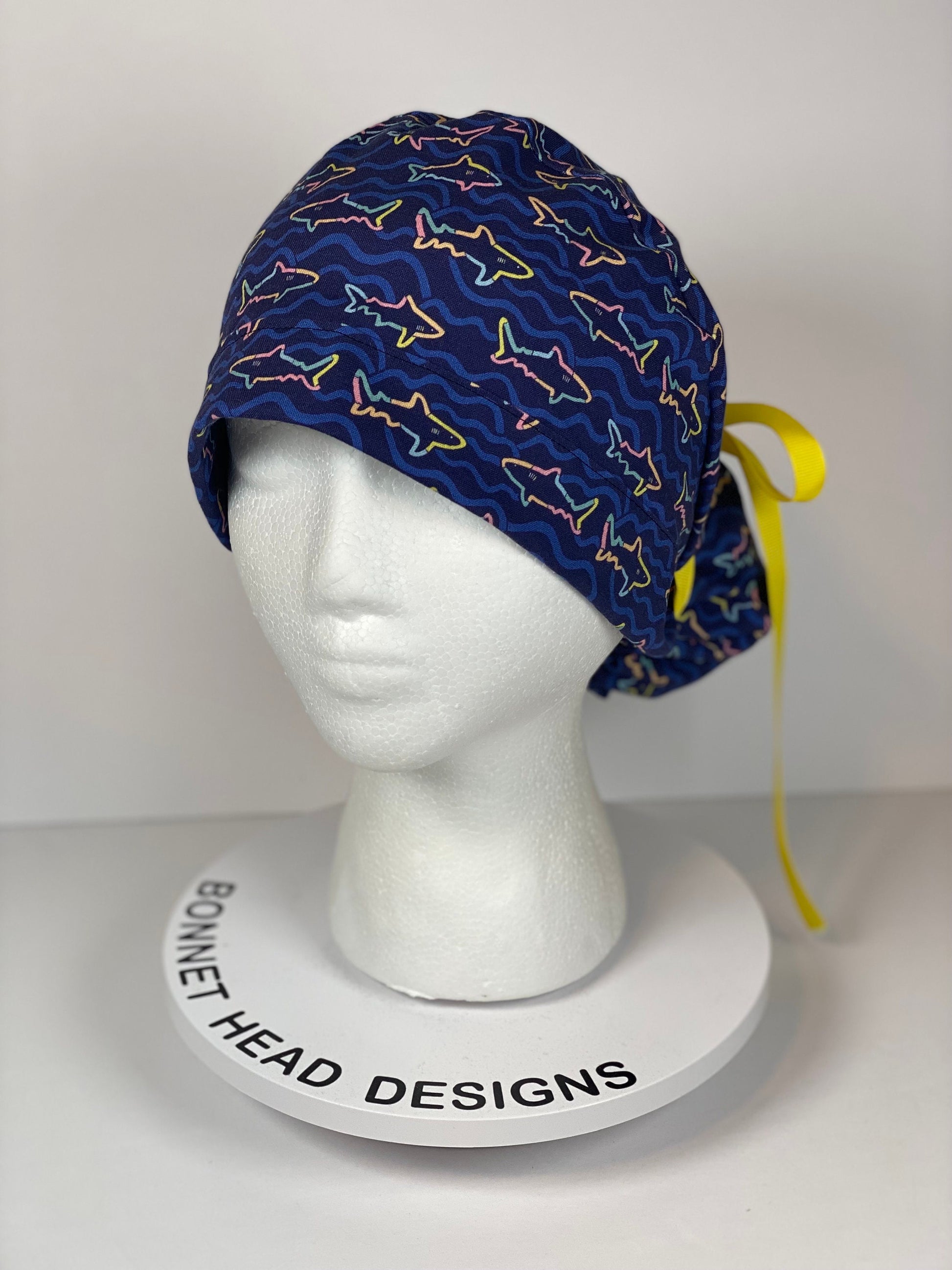 Shark print scrub cap, women’s ponytail navy shark print scrub hat