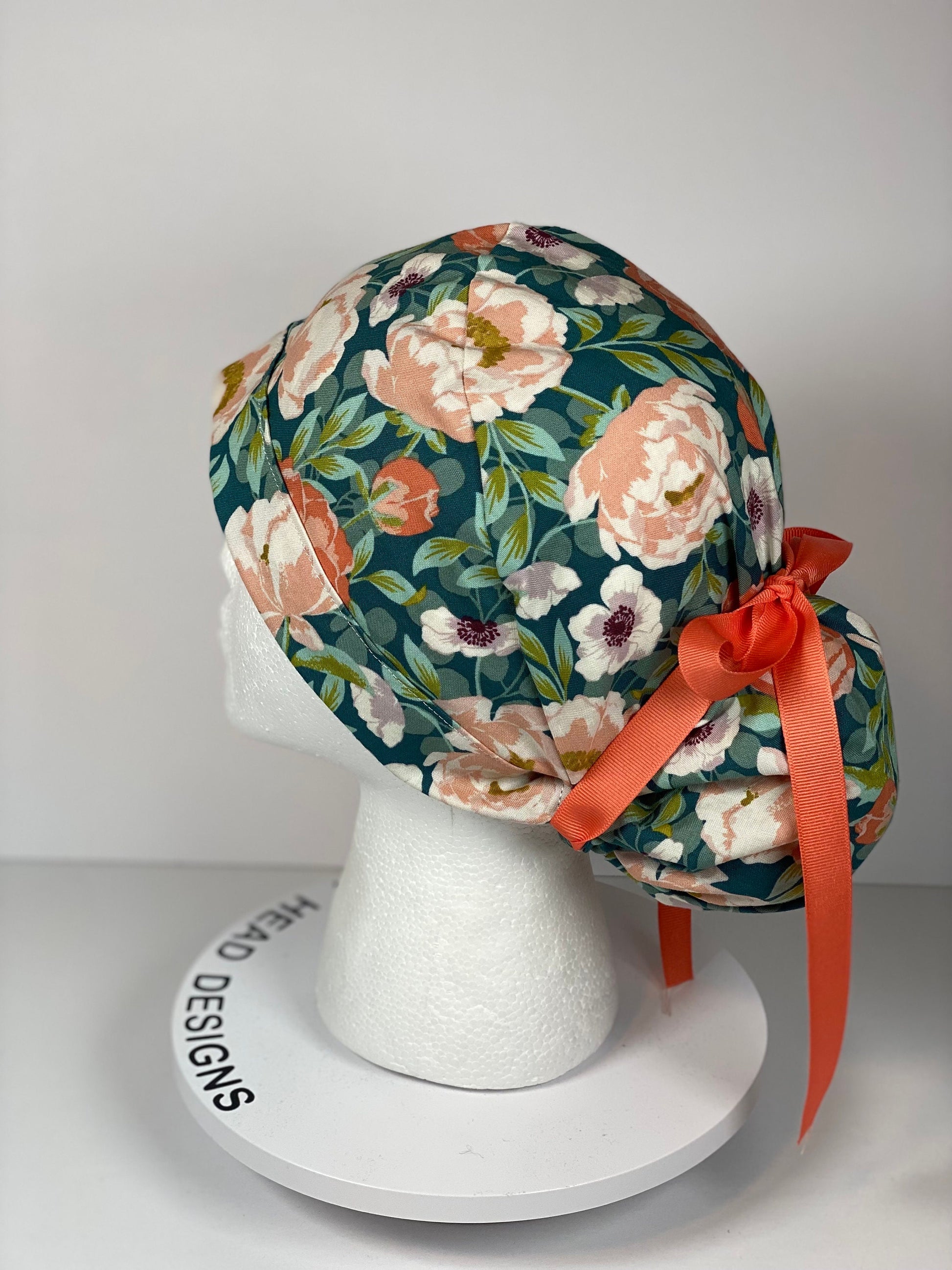 Peach and mint floral ponytail scrub cap, women’s summer floral ponytail scrub hat, Bonnet Head Designs