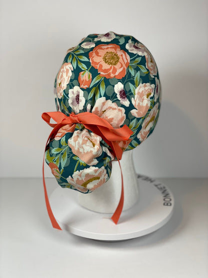 Peach and mint floral ponytail scrub cap, women’s summer floral ponytail scrub hat, Bonnet Head Designs