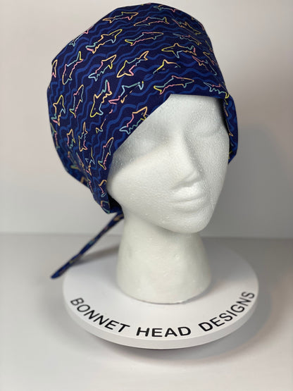 Navy shark print tie back scrub hat, pixie style scrub cap with sharks