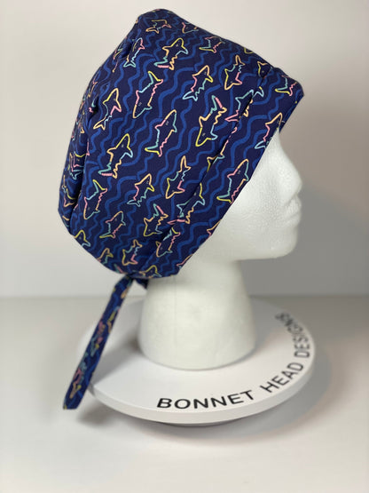 Navy shark print tie back scrub hat, pixie style scrub cap with sharks