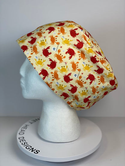 Crab print euro scrub cap, summer sea crabs scrub hat, Bonnet Head Designs