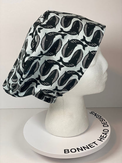 Black and white whale euro scrub cap