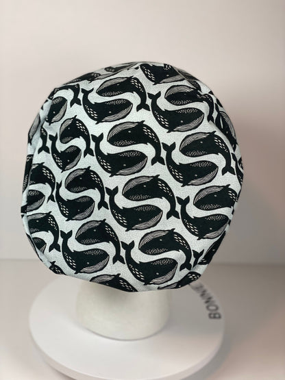 Black and white whale euro scrub cap