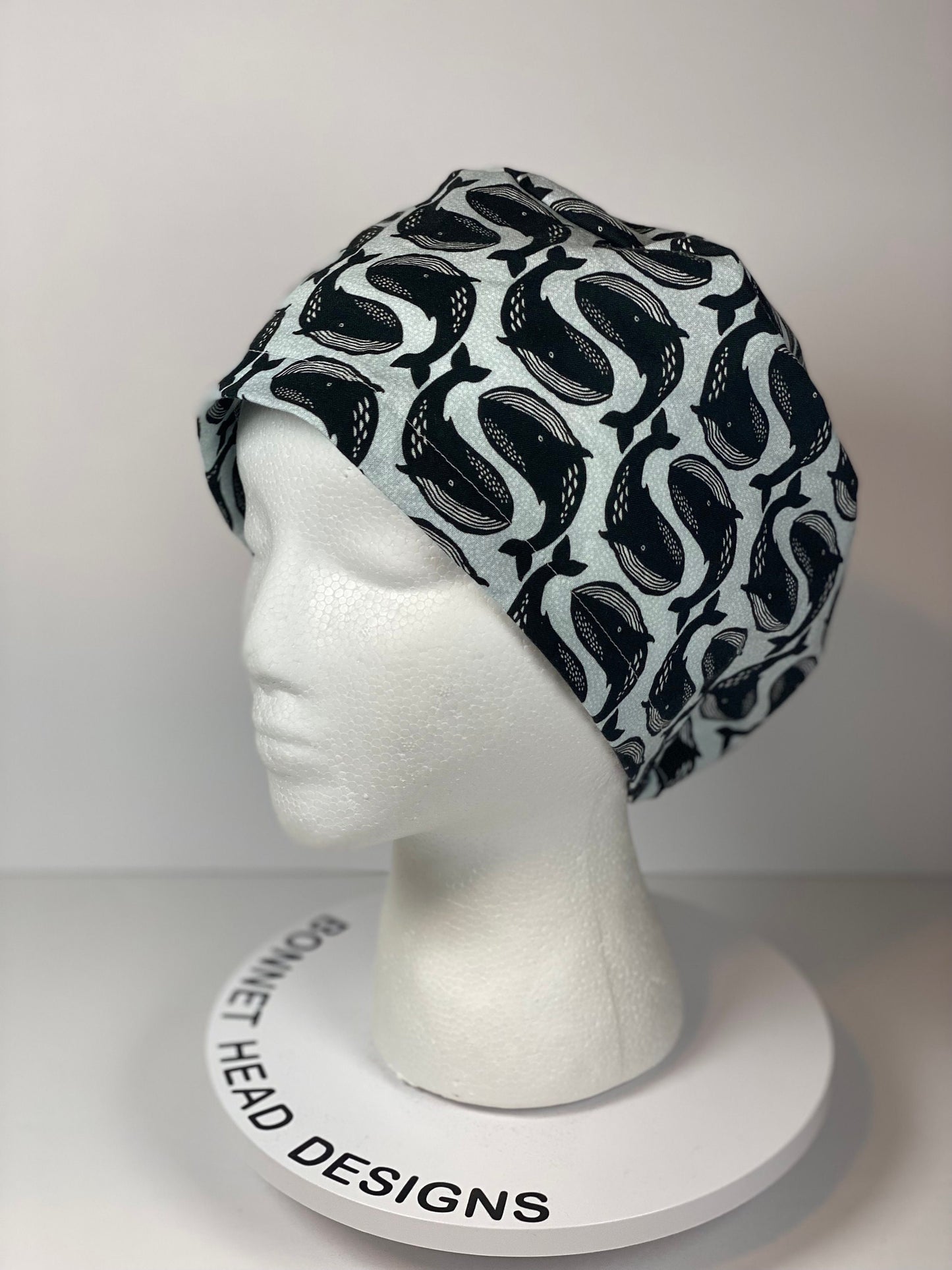 Black and white whale euro scrub cap