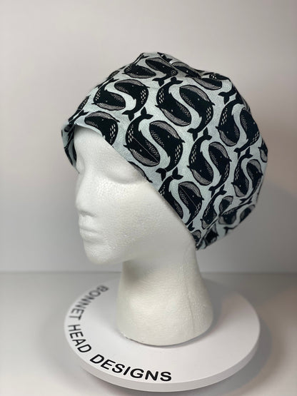 Black and white whale euro scrub cap