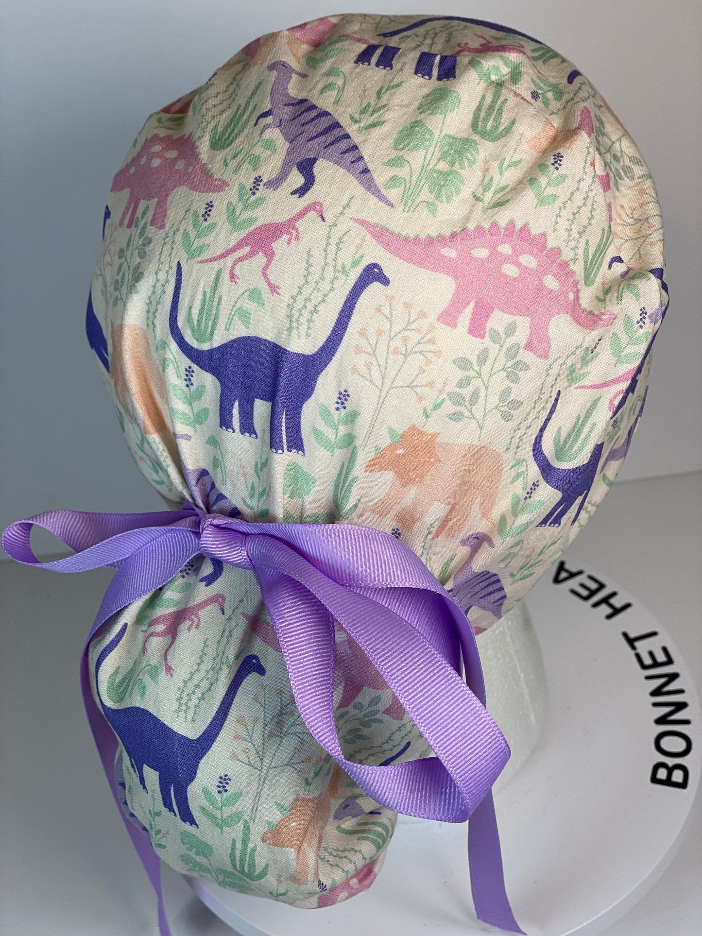 Pink and purple Dinosaur print scrub cap, ponytail scrub hat girly dinosaurs, Bonnet Head Designs