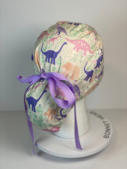 Pink and purple Dinosaur print scrub cap, ponytail scrub hat girly dinosaurs, Bonnet Head Designs