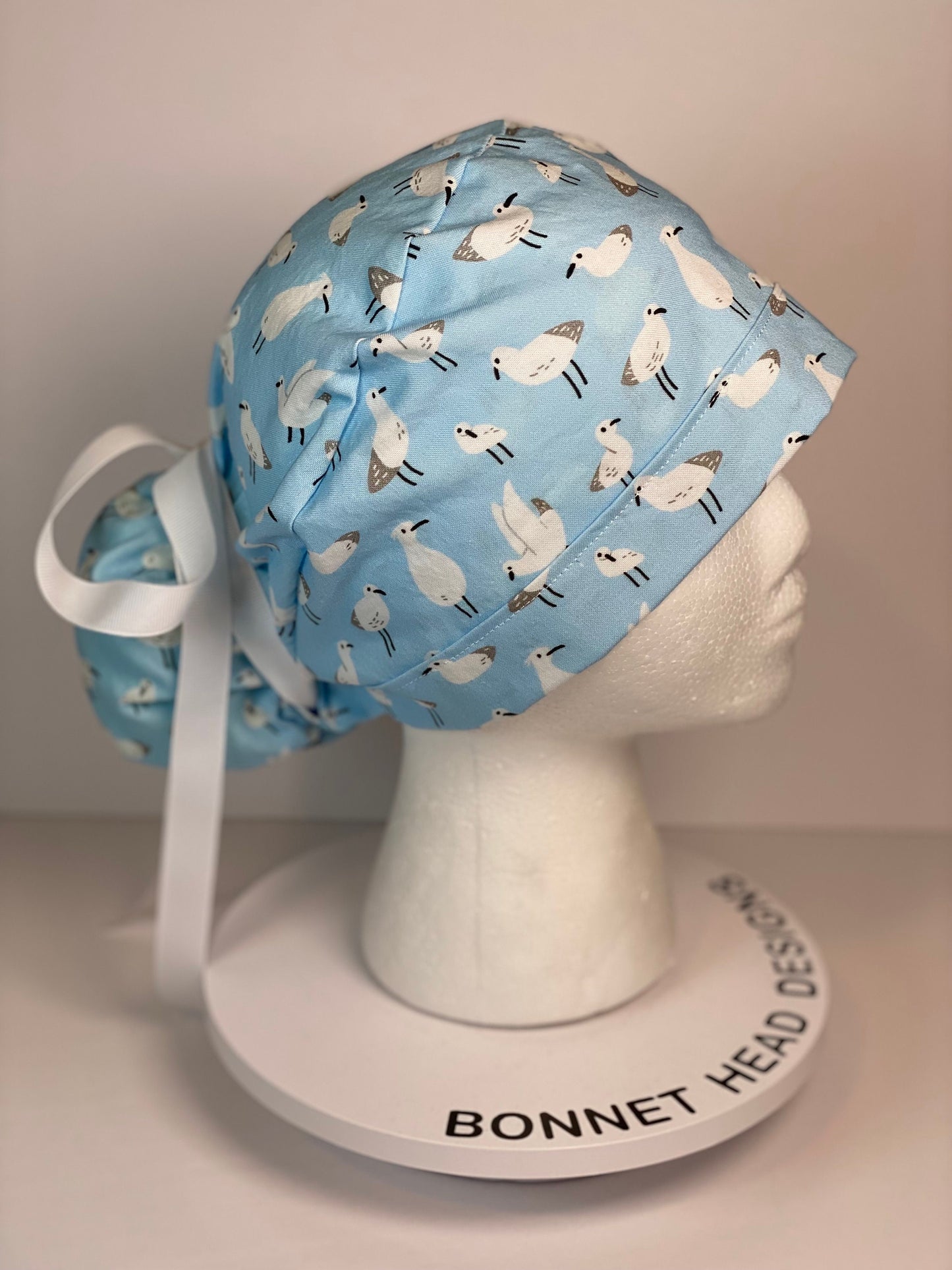 Sea bird print womens scrub cap, summer ponytail scrub cap, Bonnet Head Designs