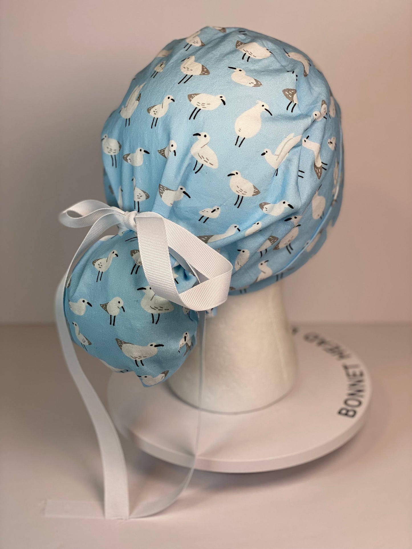 Sea bird print womens scrub cap, summer ponytail scrub cap, Bonnet Head Designs