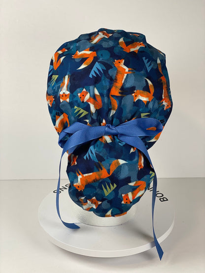 Fox print womens ponytail scrub cap, forest friends scrub cap, Bonnet Head Designs