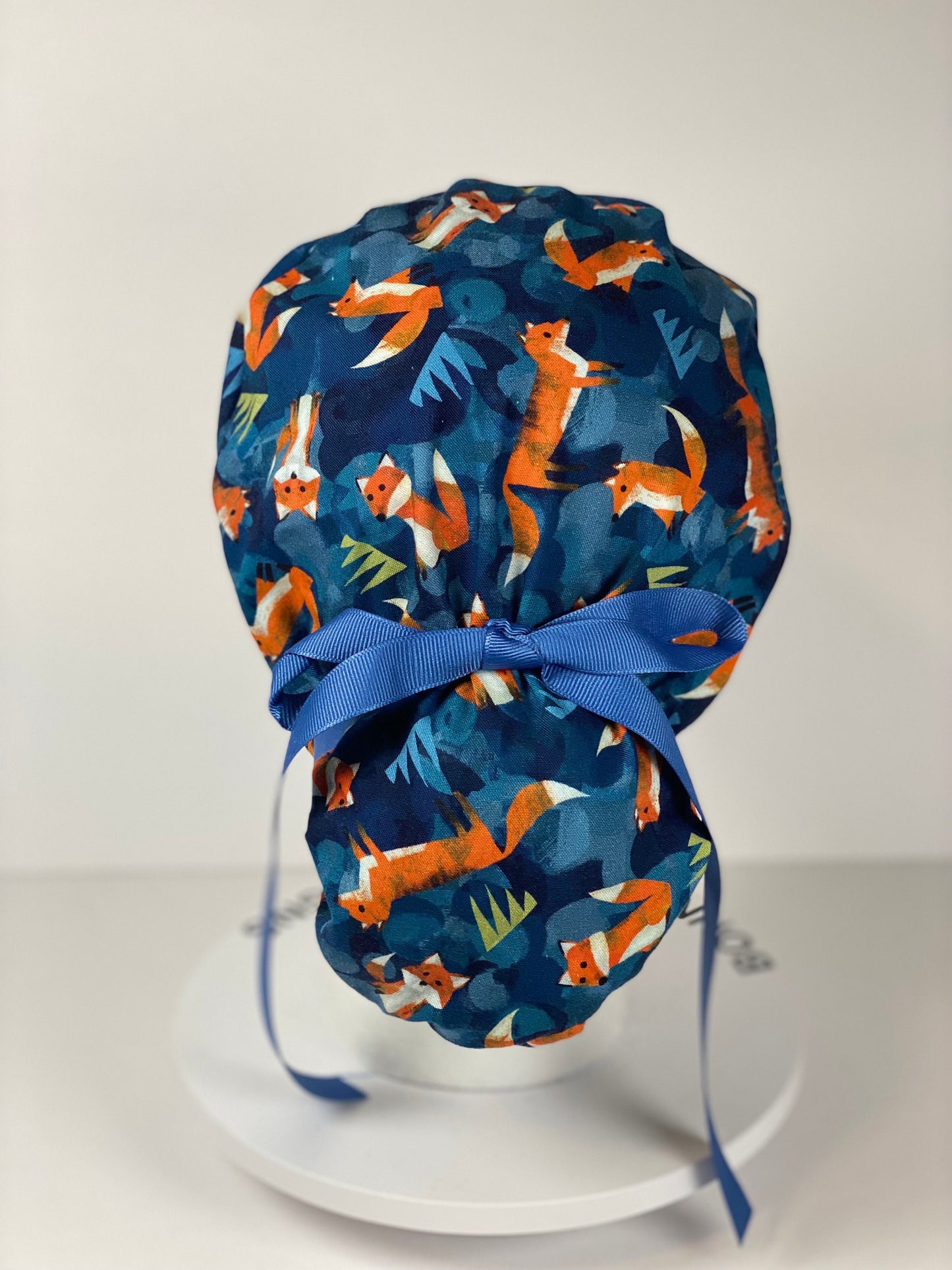 Fox print womens ponytail scrub cap, forest friends scrub cap, Bonnet Head Designs