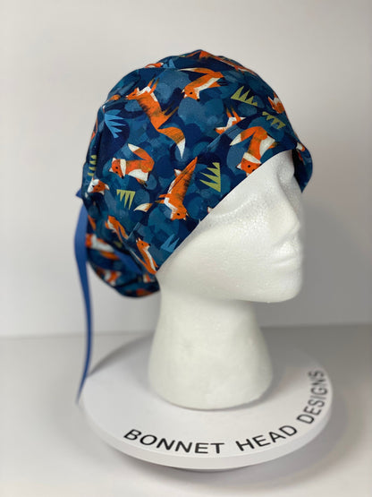 Fox print womens ponytail scrub cap, forest friends scrub cap, Bonnet Head Designs