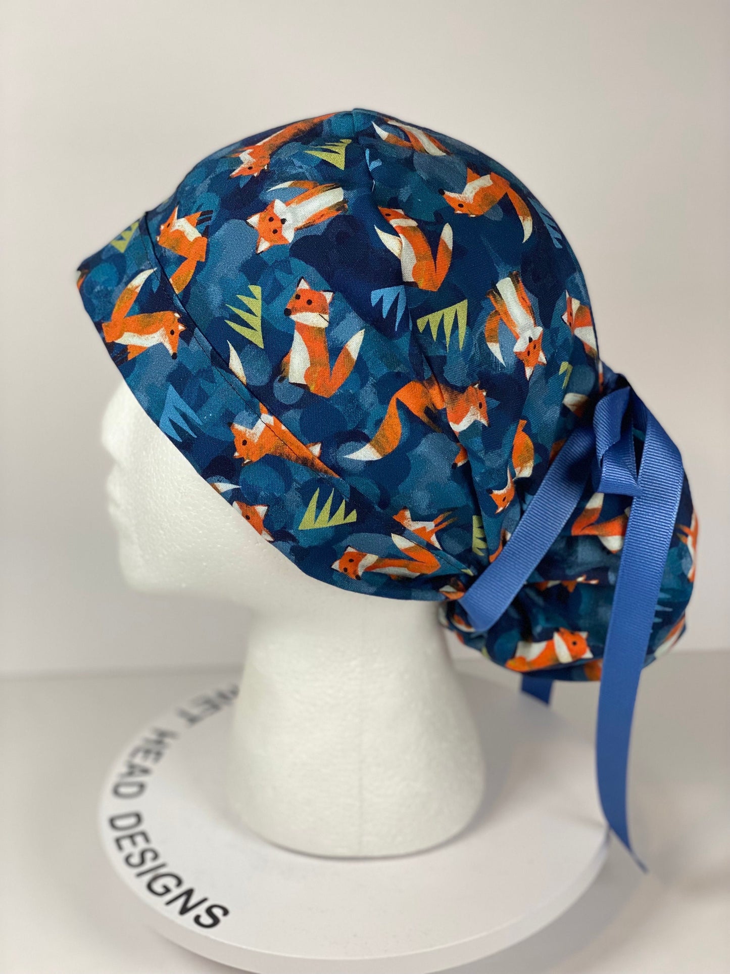 Fox print womens ponytail scrub cap, forest friends scrub cap, Bonnet Head Designs