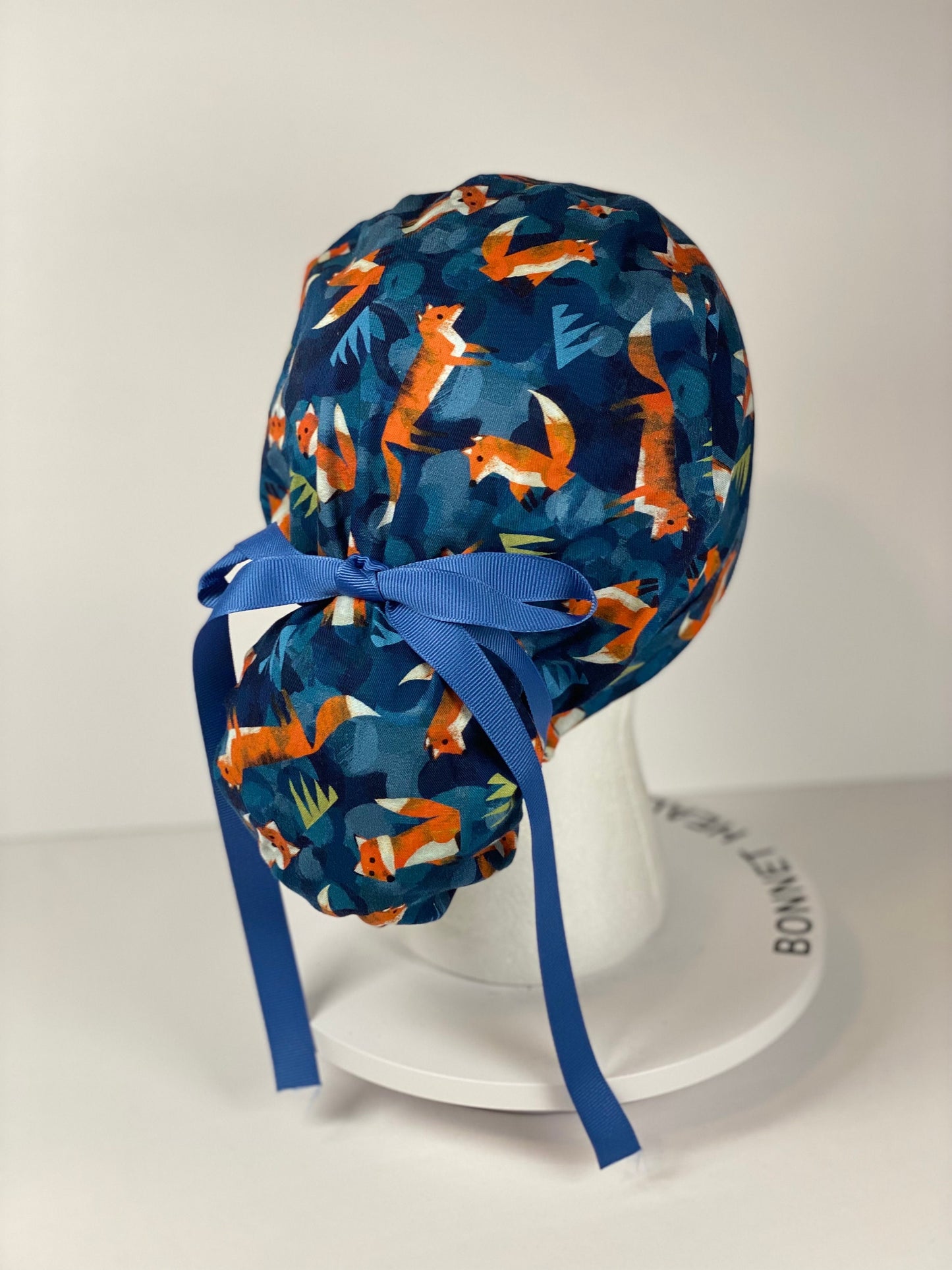 Fox print womens ponytail scrub cap, forest friends scrub cap, Bonnet Head Designs