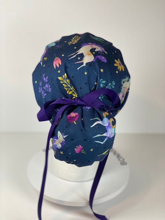 Navy blue unicorn scrub hat, unicorns scrub cap, ponytail unicorn scrub hat, Bonnet Head Designs