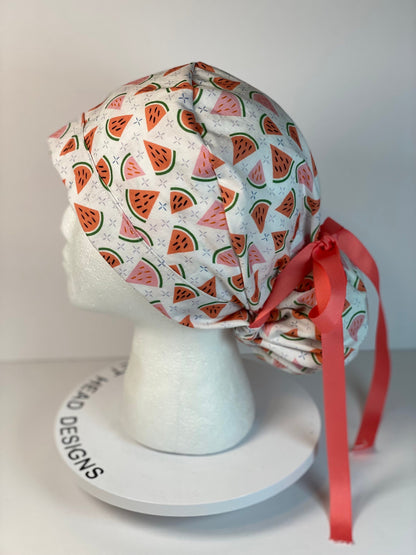 Watermelon print women’s scrub cap, watermelon scrub hat, Bonnet Head Designs