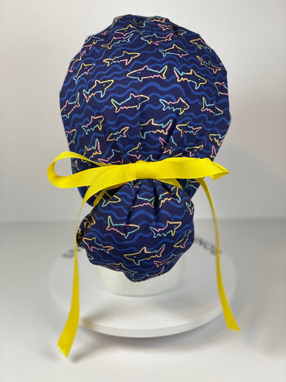 Shark print scrub cap, women’s ponytail navy shark print scrub hat