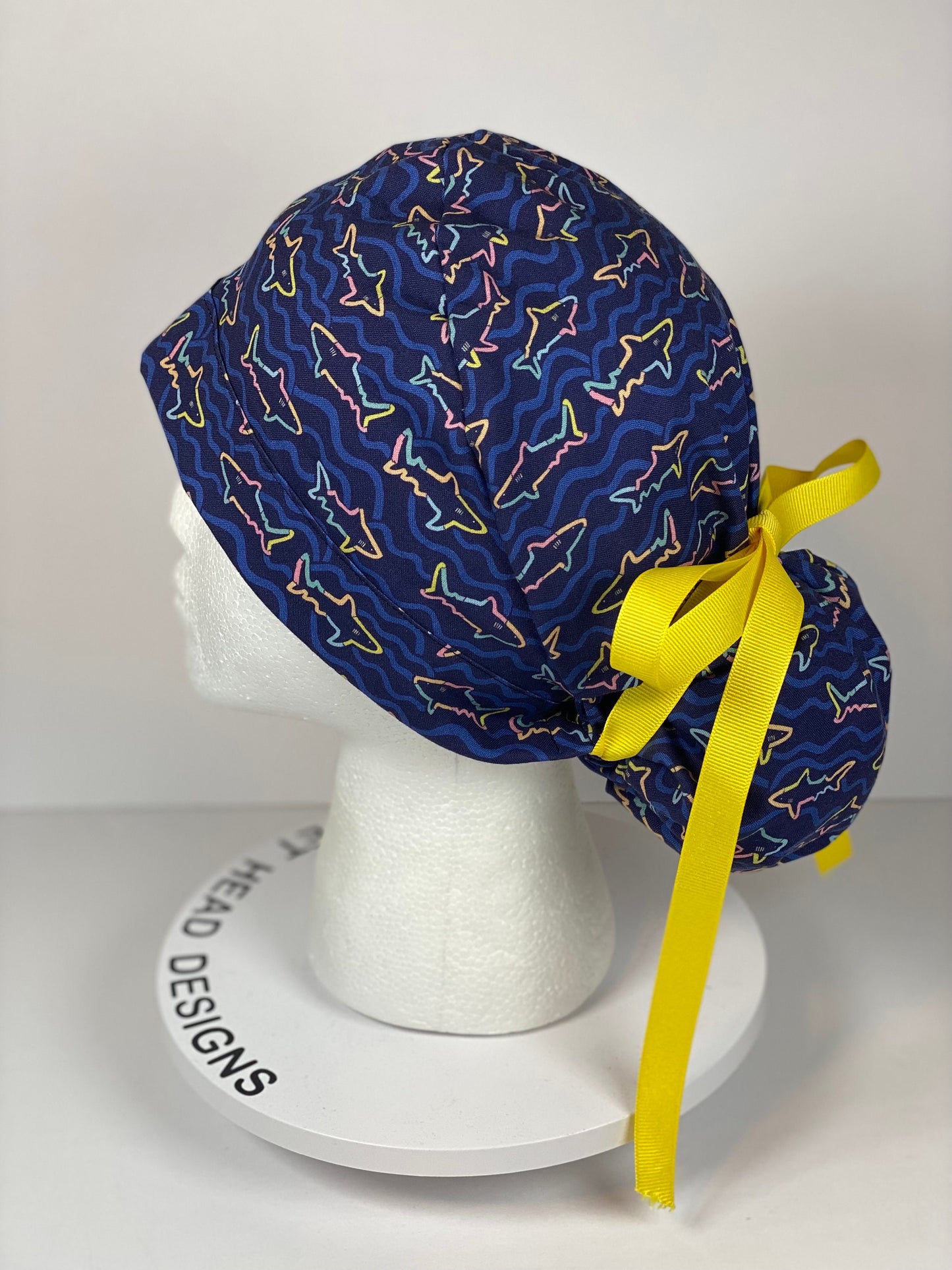 Shark print scrub cap, women’s ponytail navy shark print scrub hat