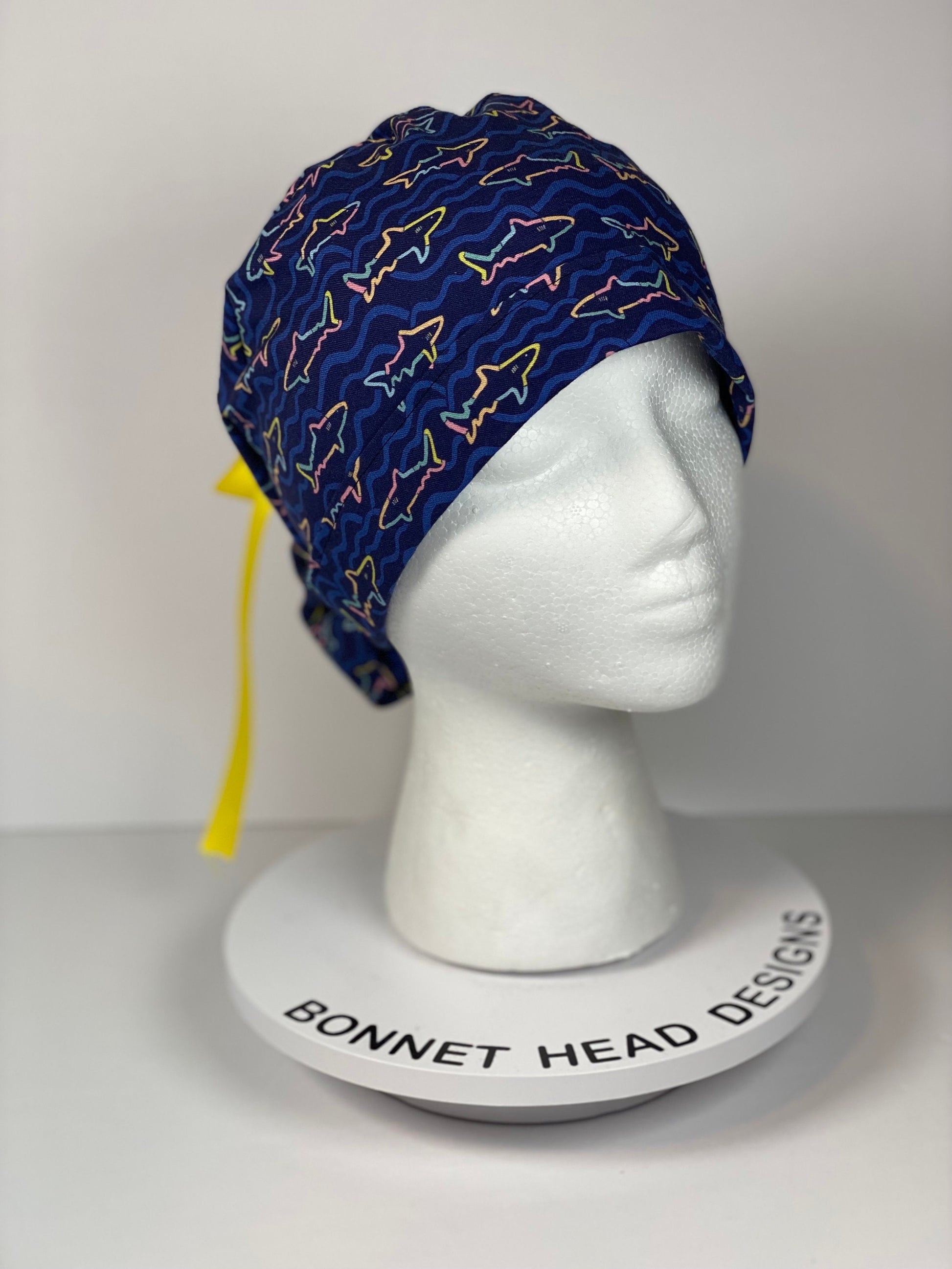 Shark print scrub cap, women’s ponytail navy shark print scrub hat