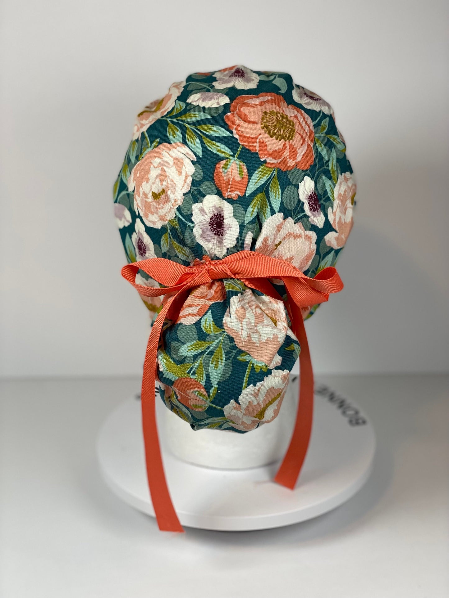 Peach and mint floral ponytail scrub cap, women’s summer floral ponytail scrub hat, Bonnet Head Designs